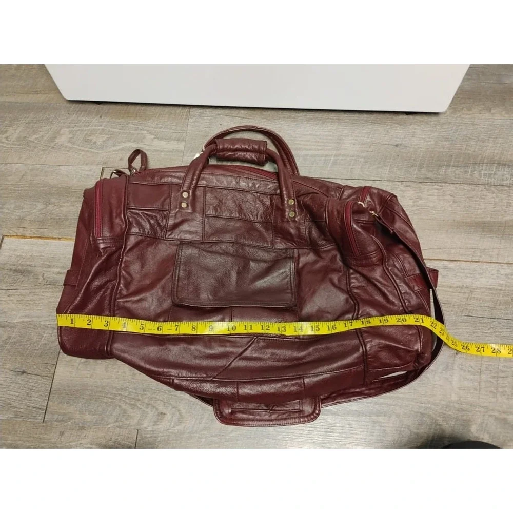 Vtg Carroll Leather Goods Genuine Leather Burgundy Weekender Duffel Travel Bag